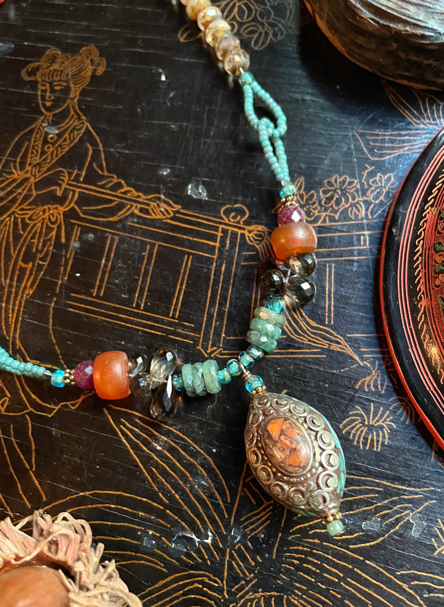 Inlay coral and Turquoise with smoky Quartz