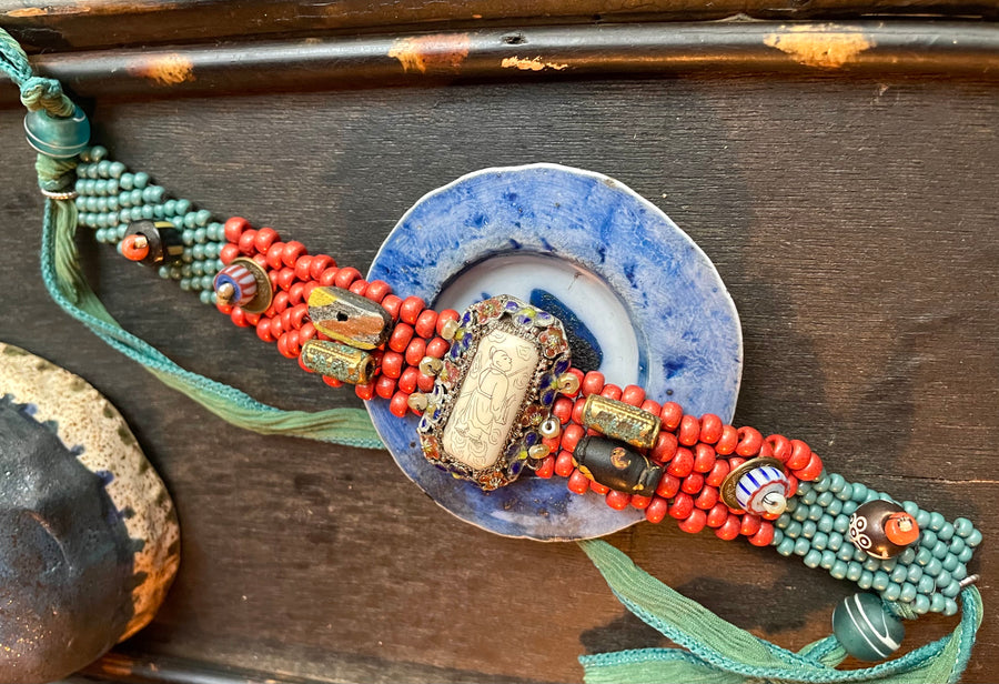 Coral and Chinese enamel bracelet