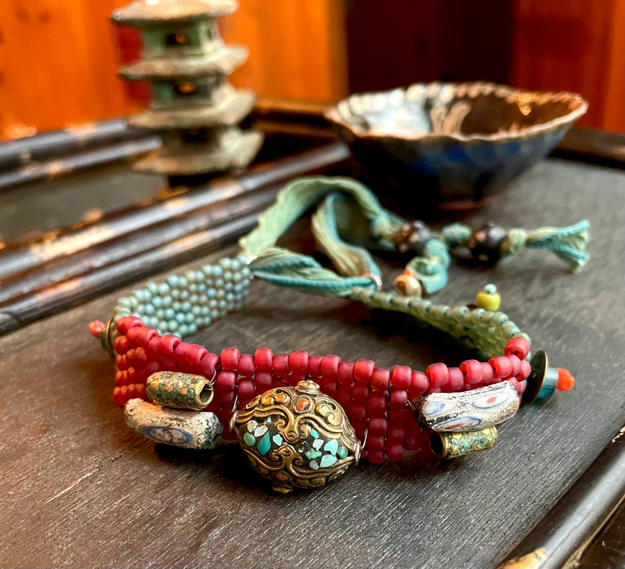 Nepal magenta and turquoise bracelet