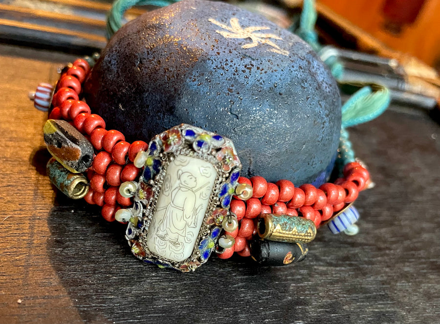 Coral and Chinese enamel bracelet