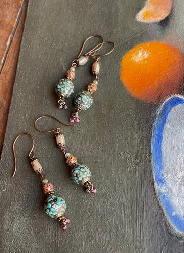 Mosaic turquoise pearl earring