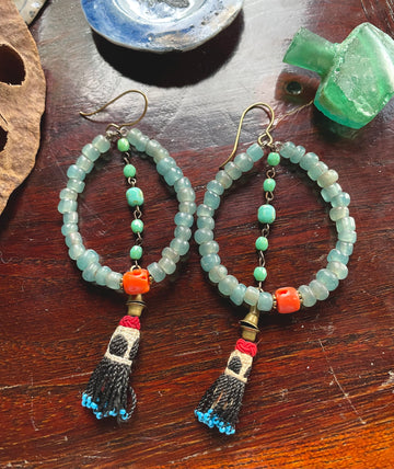 Blue tassel hoop earring