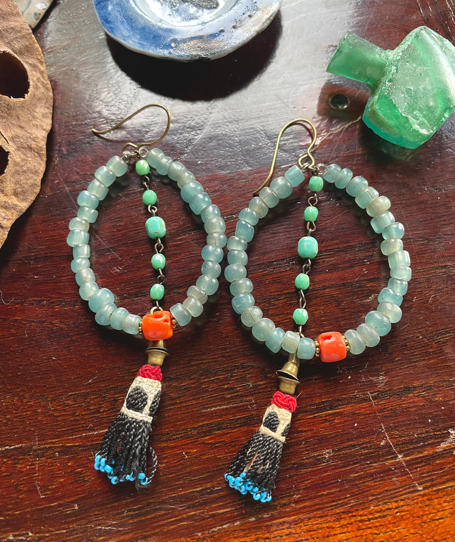 Blue tassel hoop earring