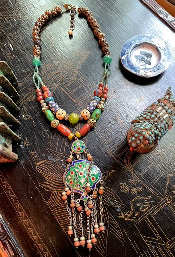 Green enamel earring necklace