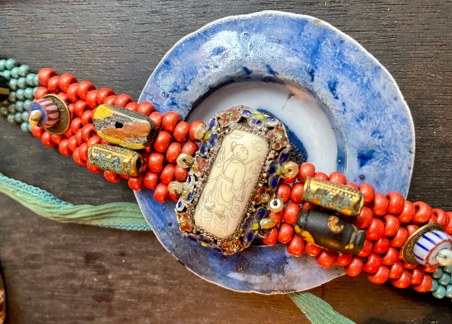 Coral and Chinese enamel bracelet