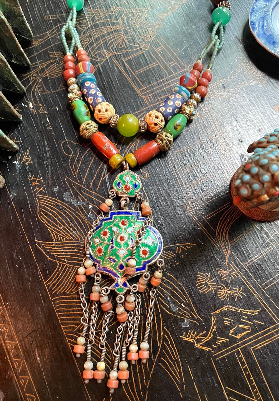 Green enamel earring necklace