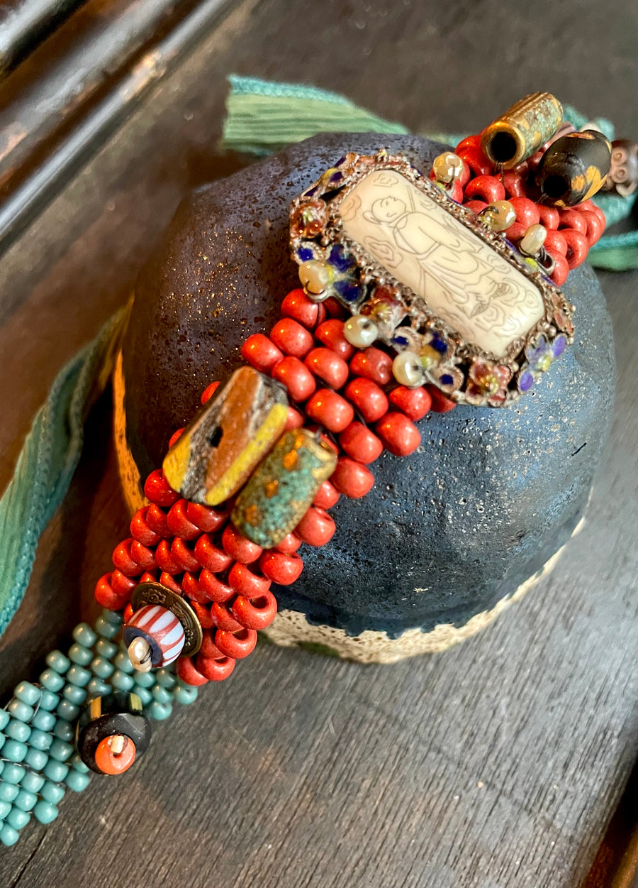 Coral and Chinese enamel bracelet