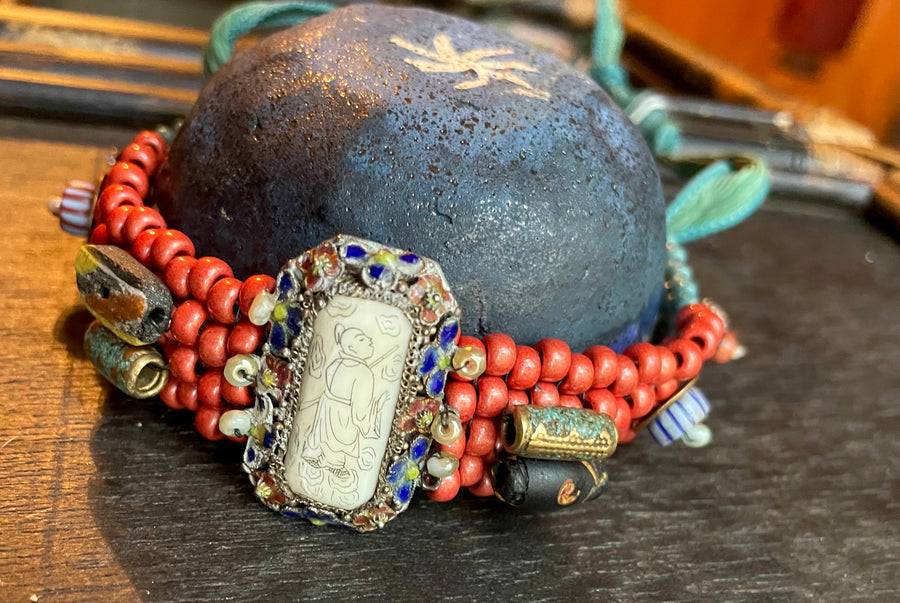 Coral and Chinese enamel bracelet